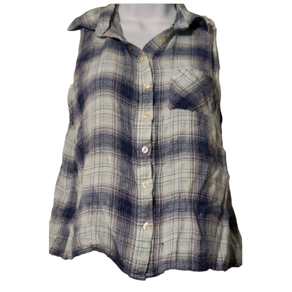 Aeropostale Blue White Plaid Lace Sleeveless Button Up Top Size Medium